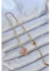  Zincir Altın  Pembe Zirkon Taşlı Kalp Çelik Kolye