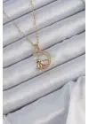  Zincir Altın  Pembe Zirkon Taşlı Kedili Ay Çelik Kolye