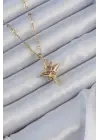 Zincir Altın  Pembe Zirkon Taşlı Kutup Yıldızı Çelik Kolye