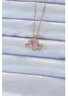  Zincir Altın  Pembe Zirkon Taşlı Satürn Görünümlü Kalp Çelik Kolye