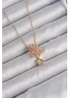  Zincir Altın  Pembe Zirkon Taşlı Uçan Ev Çelik Kolye