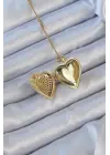  Zincir Altın  li Zirkon Taşlı İçi Açılan Bombeli Kalp Çelik Kolye