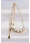  Zincir Altın  Sıralı İnci Taşlı Çelik Kolye