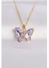  Zincir Altın  Zincir Lila Kelebek Model li Zirkon Taşlı Çelik Kolye