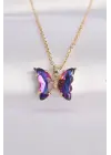  Zincir Altın  Zincir Mor Kelebek Model li Zirkon Taşlı Çelik Kolye