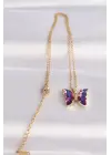  Zincir Altın  Zincir Mor Kelebek Model li Zirkon Taşlı Çelik Kolye