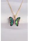  Zincir Altın  Zincir Yeşil Kelebek Model li Zirkon Taşlı Çelik Kolye