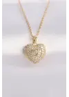  Zincir Altın  Zirkon Taşlı Kalp Çelik Kolye