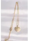 Zincir Altın  Zirkon Taşlı Kalp Çelik Kolye
