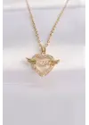  Zincir Altın  Zirkon Taşlı Kanatlı Kalp Çelik Kolye