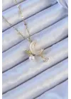  Zincir Altın  Zirkon Taşlı Kelebekli Mineli Ay Çelik Kolye