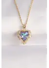  Zincir Altın  Zirkon Taşlı Mavi Mor li Kalp Figür Çelik Kolye