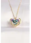  Zincir Altın  Zirkon Taşlı Mor li Kalp Figür Çelik Kolye
