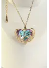  Zincir Altın  Zirkon Taşlı Mor li Kalp Figür Çelik Kolye