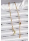  Zincir Altın  Zirkon Taşlı Sallantılı Ay Yıldız Çelik Kolye