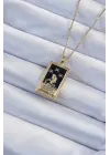  Zincir Altın  Zirkon Taşlı Siyah Mineli Kız Figürlü Tarot Çelik Kolye