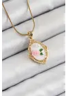 316L Çelik Zincir Beyaz Sanatsal Portre İnci Detaylı Gül Figürlü Model Gold Renk Kadın Kolye