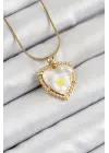 316L Çelik Zincir Beyaz Sanatsal Portre İnci Detaylı Papatya Figürlü Kalp Model Gold Renk Kadın Kolye