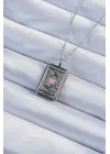  Zincir Eskitme Gümüş  Pembe Mineli Kalp Figürlü Tarot Çelik Kolye