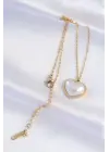  Zincir Altın  Beyaz Taşlı Bubble Kalp Çelik Kolye