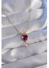  Zincir Altın  Fuşya Zirkon Taşlı Damla Detay Rapunzel Model Çelik Kolye