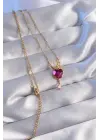  Zincir Altın  Fuşya Zirkon Taşlı Damla Detay Rapunzel Model Çelik Kolye