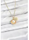 316L Çelik Zincir Gold Renk İncili Deniz Kabuğu Model Zirkon Taşlı Kadın Kolye