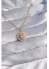  Zincir Altın  İncili Zirkon Taşlı Kalp Tasarımlı Çelik Kolye