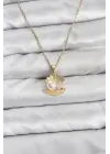316L Çelik Zincir Gold Renk İstiridye İnci Model Zirkon Taşlı Kadın Kolye