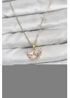 316L Çelik Zincir Gold Renk Kalp ve Fiyonk Model Zirkon Taşlı Kadın Kolye