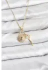 316L Çelik Zincir Gold Renk Kilit Anahtar Model Zirkon Taşlı Kadın Kolye
