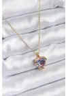  Zincir Altın  Mor  Zirkon Taşlı Kalp Model  Çelik Kolye