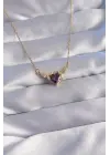  Zincir Altın  Mor Zirkon Taşlı Kanatlı Kalp Çelik Kolye