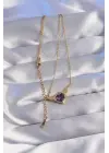  Zincir Altın  Mor Zirkon Taşlı Kanatlı Kalp Çelik Kolye