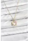 316L Çelik Zincir Gold Renk Pembe Taş Detaylı Çelenk Model Kadın Kolye