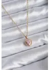  Zincir Altın  Pembe Zirkon Taş Kalp Model Charm  Çelik Kolye