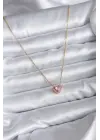  Zincir Altın  Pembe Zirkon Taşlı Charm  Çelik Kolye