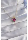  Zincir Altın  Pembe Zirkon Taşlı Damla Detay Rapunzel Model Çelik Kolye