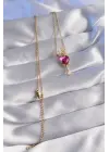  Zincir Altın  Pembe Zirkon Taşlı Damla Detay Rapunzel Model Çelik Kolye