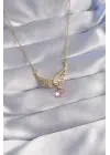  Zincir Altın  Pembe Zirkon Taşlı Melek Kanatlı Çelik Kolye