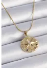  Zincir Altın  li Zirkon Taşlı Yıldız İşlemeli Madalyon Model  Çelik Kolye