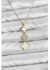 316L Çelik Zincir Gold Renk Yonca Detaylı Zirkon Taşlı Kadın Kolye