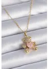  Zincir Altın  Zirkon Taşlı Ayıcık Figür Kalp Detay  Çelik Kolye