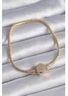 316L Çelik Zincir Gold Renk Zirkon Taşlı Charm Model Kadın Bileklik