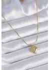 Zincir Altın  Zirkon Taşlı Kalp Kanat İşlemeli  Çelik Kolye