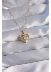  Zincir Altın  Zirkon Taşlı Kalp Çelik Kolye