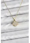 316L Çelik Zincir Gold Renk Zirkon Taşlı Yonca Model Kadın Kolye