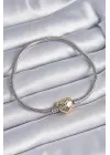 316L Çelik Zincir Gümüş Renk Altın Kalp İşleme Detaylı Charm Model Kadın Bileklik