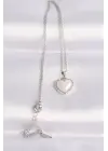  Zincir Gümüş  Beyaz Taşlı Bombeli Kalp Çelik Kolye