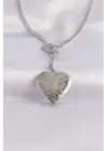  Zincir Gümüş  İçi Açılan Çiçek Desenli Kalp Çelik Kolye